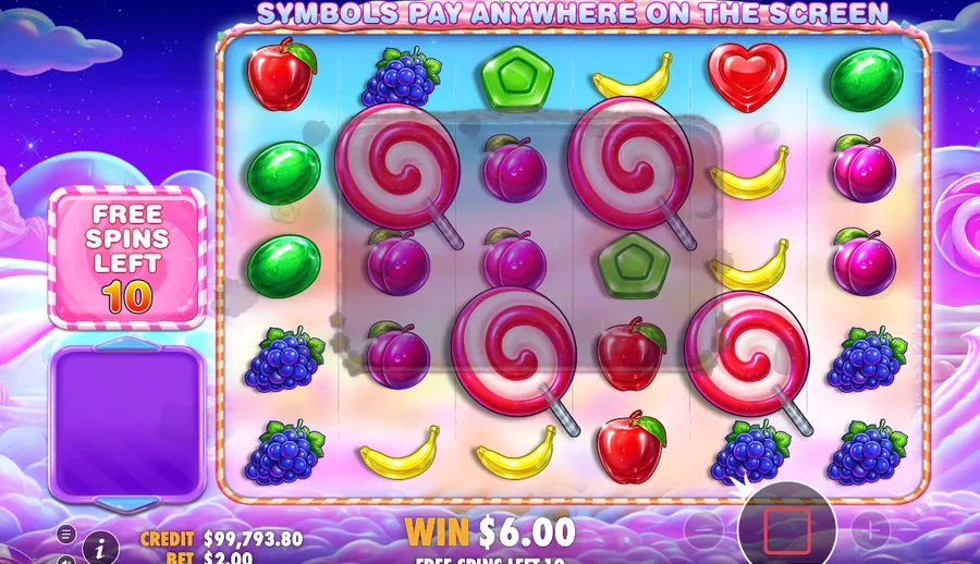 Sweet Bonanza 2500 free spins with lollipop scatters landed, 10 free spins left and a running win of 6 dollars